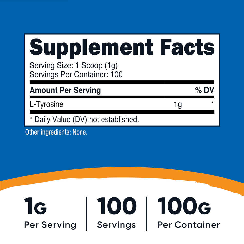 Nutricost L-Tyrosine, cucharita de 1 g para dosis precisas.