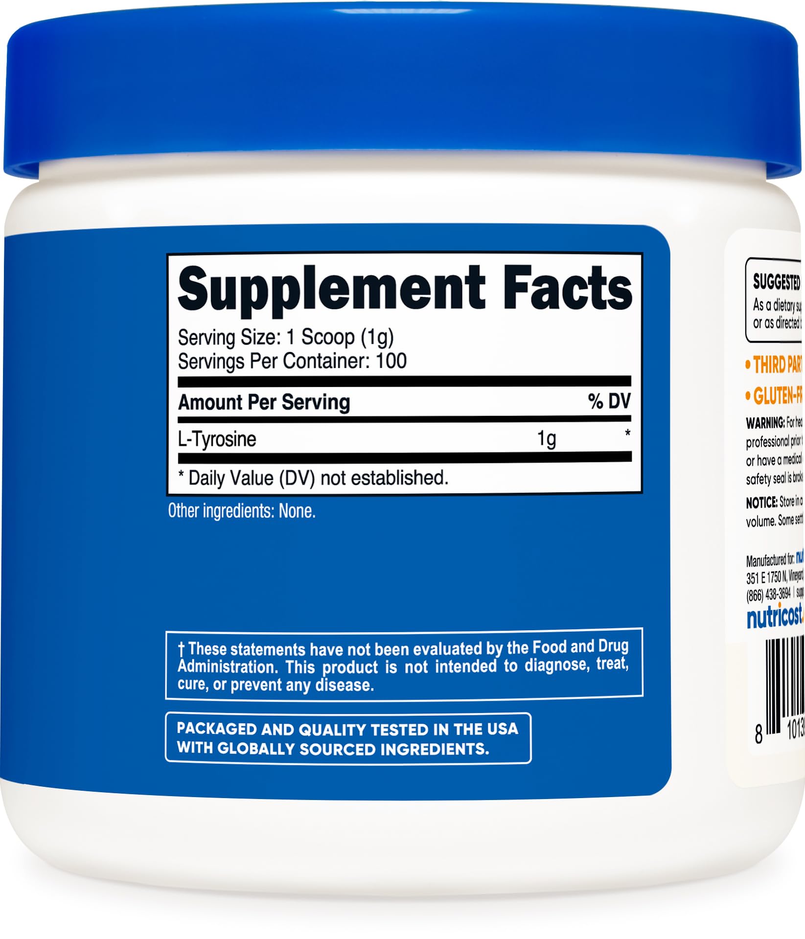 Nutricost L-Tyrosine, uso diario suave para concentración.