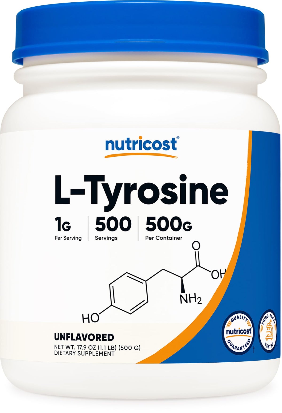 Nutricost L-Tyrosine powder bottle, pure formula for daily focus and mood support.