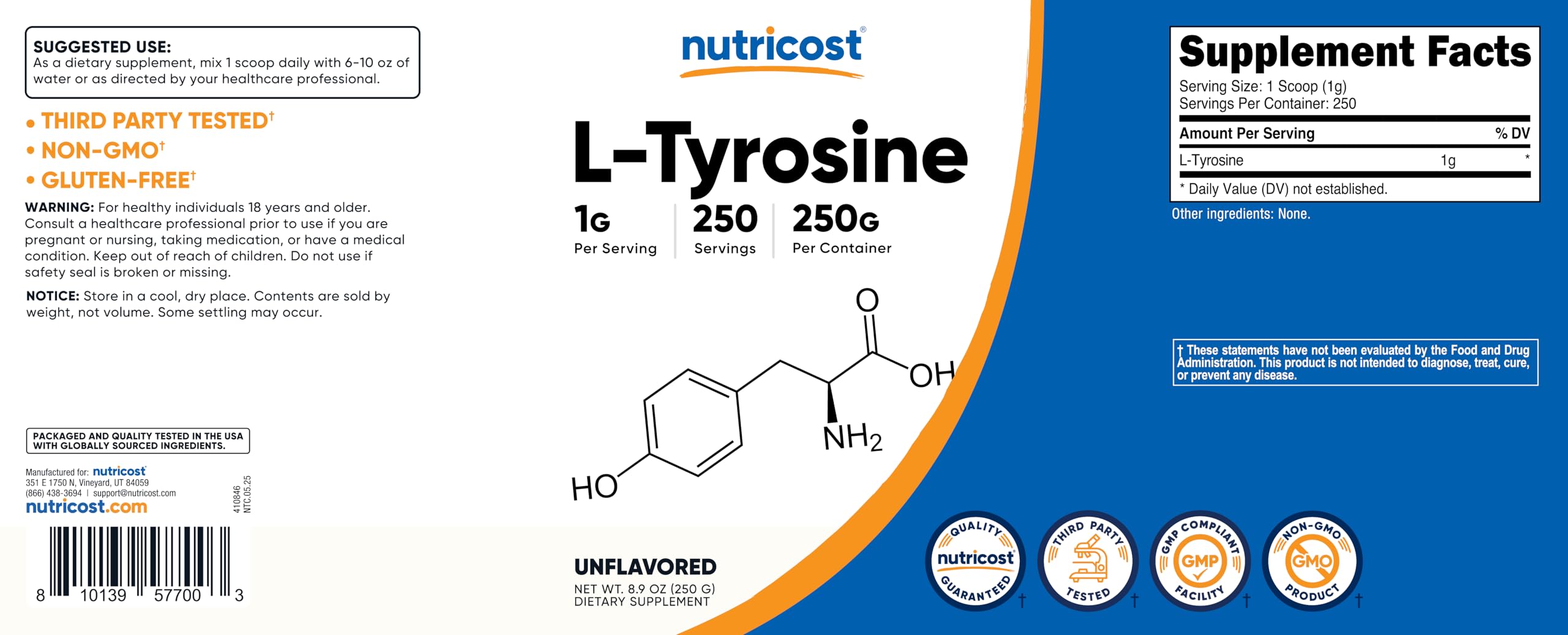 Nutricost L-Tyrosine powder factory image implies GMP-compliant production.