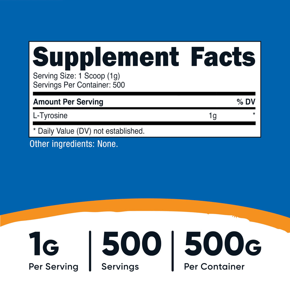 Nutricost L-Tyrosine powder measuring spoon, easy serving for consistent daily intake.