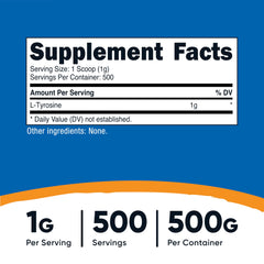 Nutricost L-Tyrosine powder measuring spoon, easy serving for consistent daily intake.