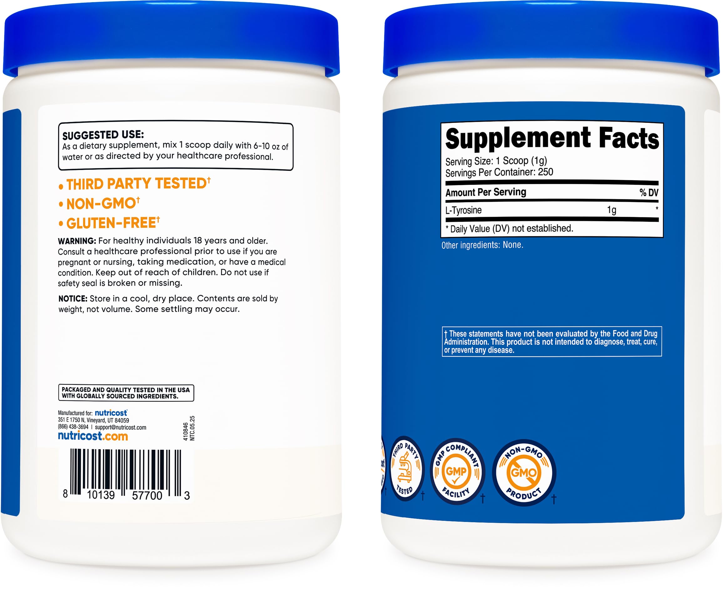Nutricost L-Tyrosine powder nutrition facts panel for serving overview.