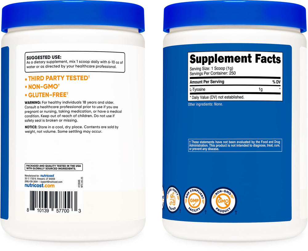 Nutricost L-Tyrosine powder nutrition facts panel for serving overview.