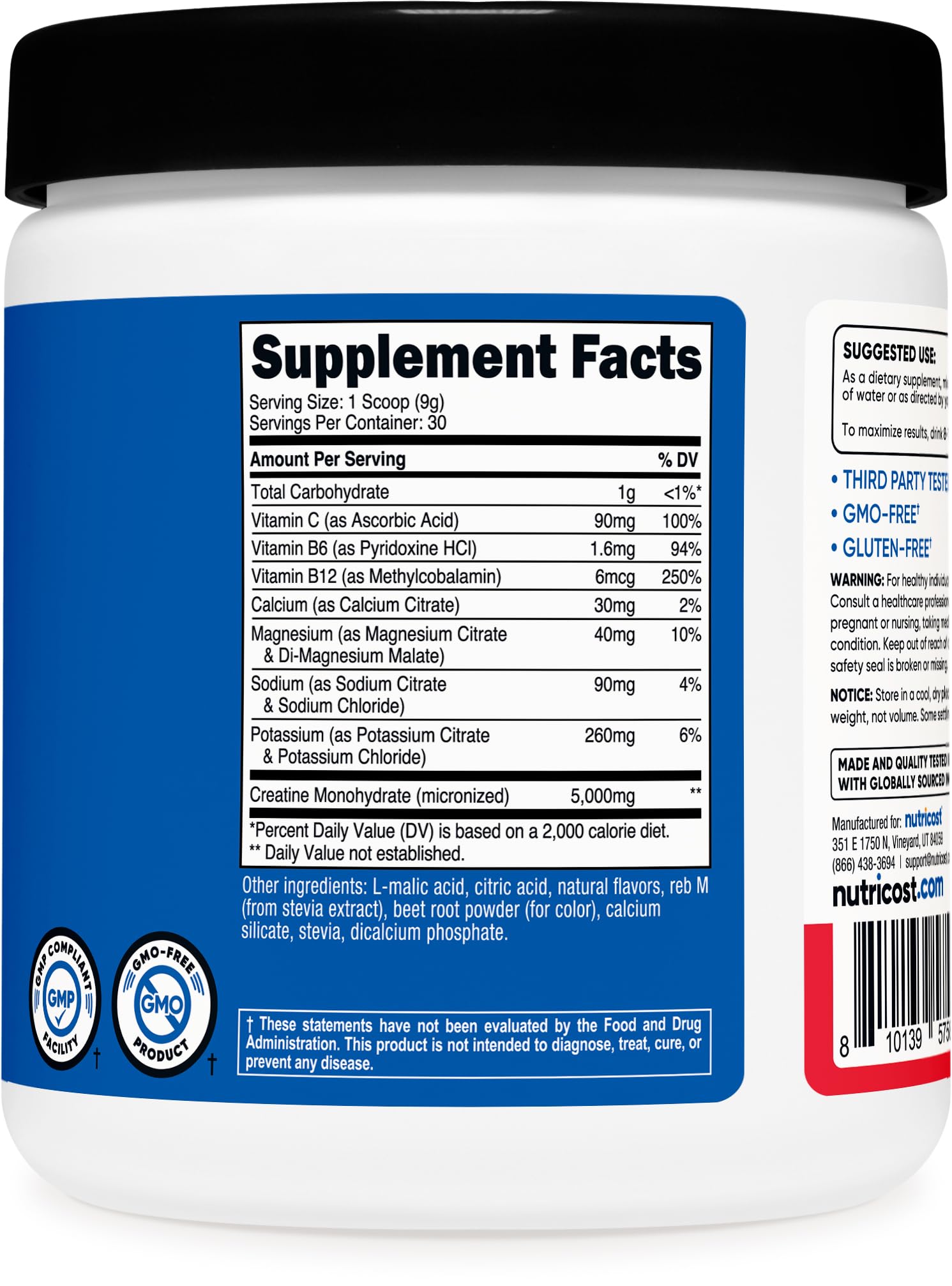 Nutricost label highlights vegan gluten-free and GMO-free attributes