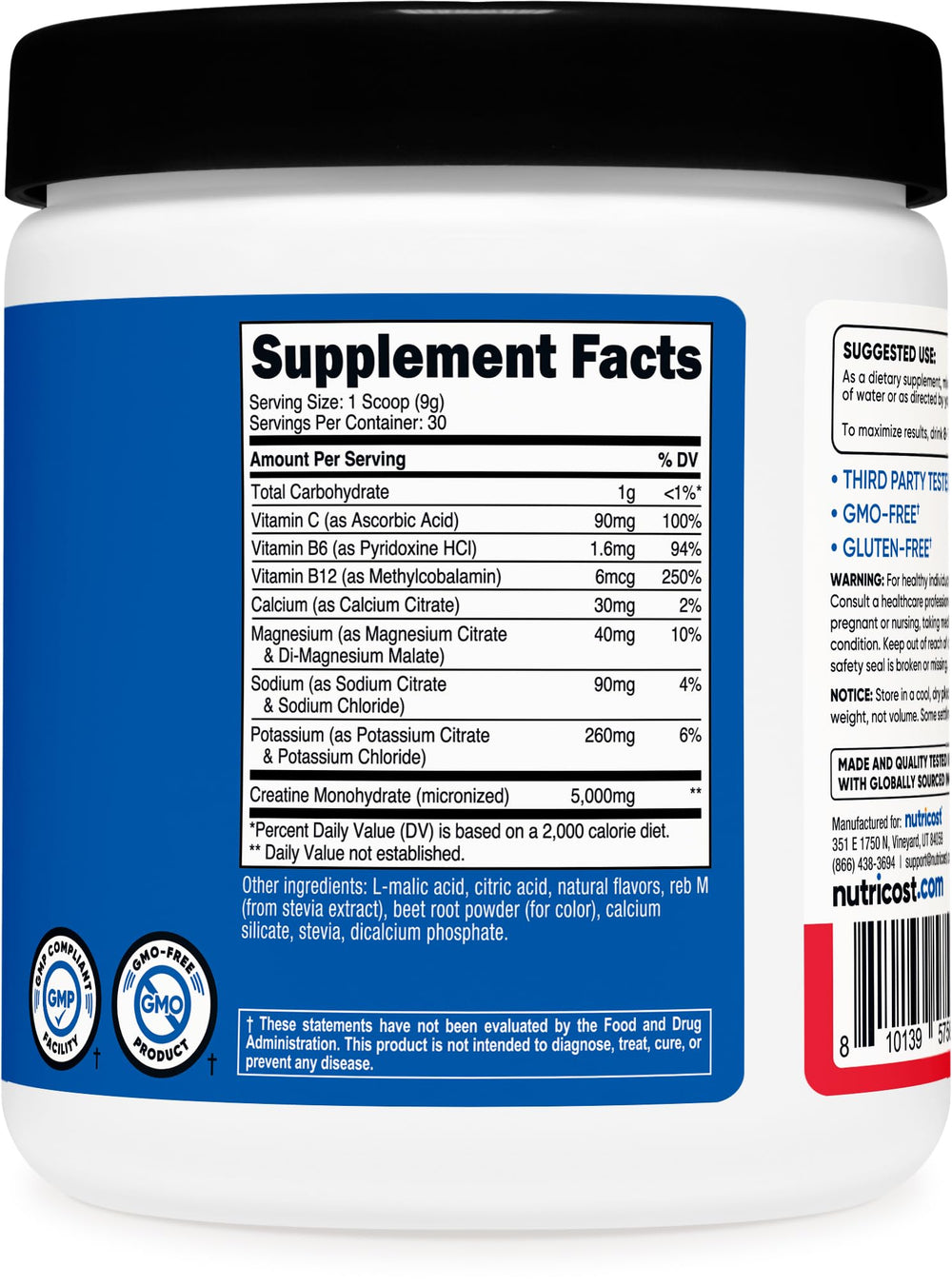 Nutricost label highlights vegan gluten-free and GMO-free attributes
