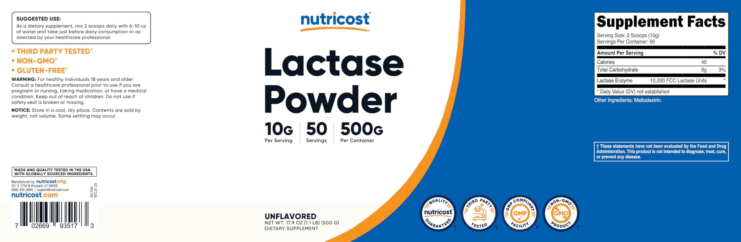 Nutricost Lactase Powder facility manufacturing line ensuring product quality