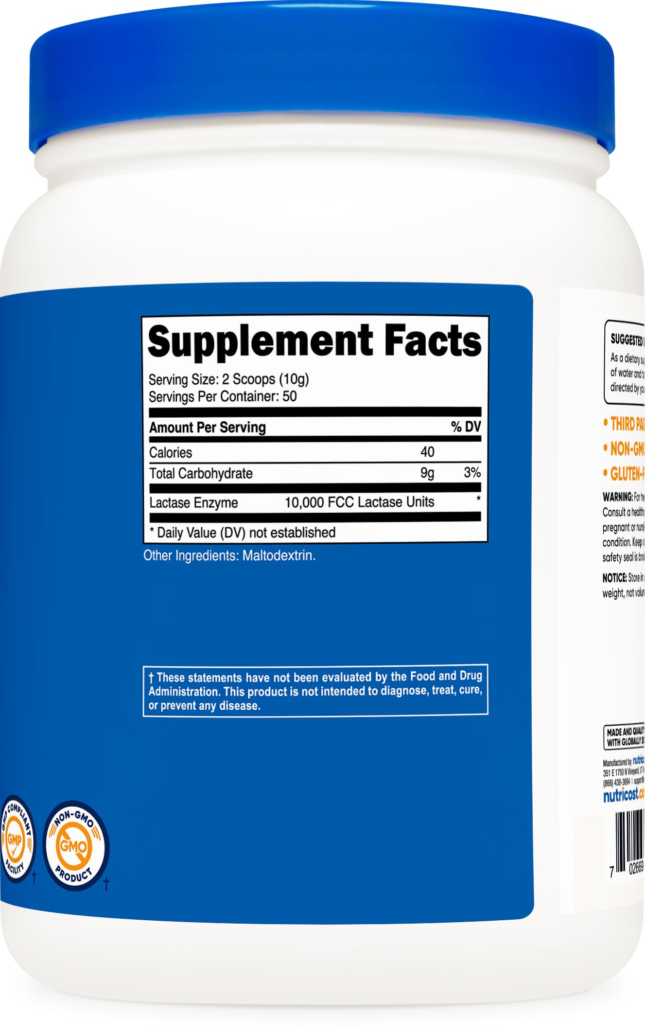 Nutricost Lactase Powder badge shows non-GMO and gluten-free quality