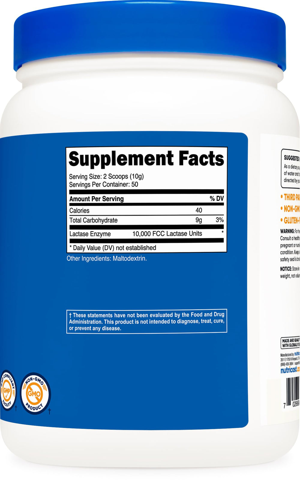 Nutricost Lactase Powder badge shows non-GMO and gluten-free quality