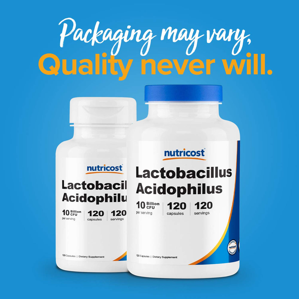Nutricost Lactobacillus Acidophilus bottle displays GMP compliant facility branding.