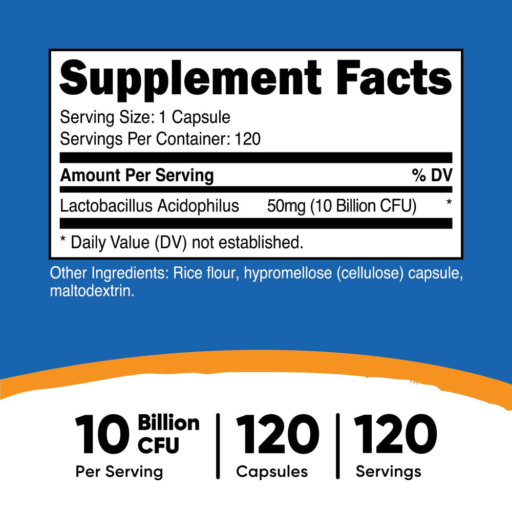 Nutricost Lactobacillus Acidophilus capsule close up shows 10 Billion CFU.
