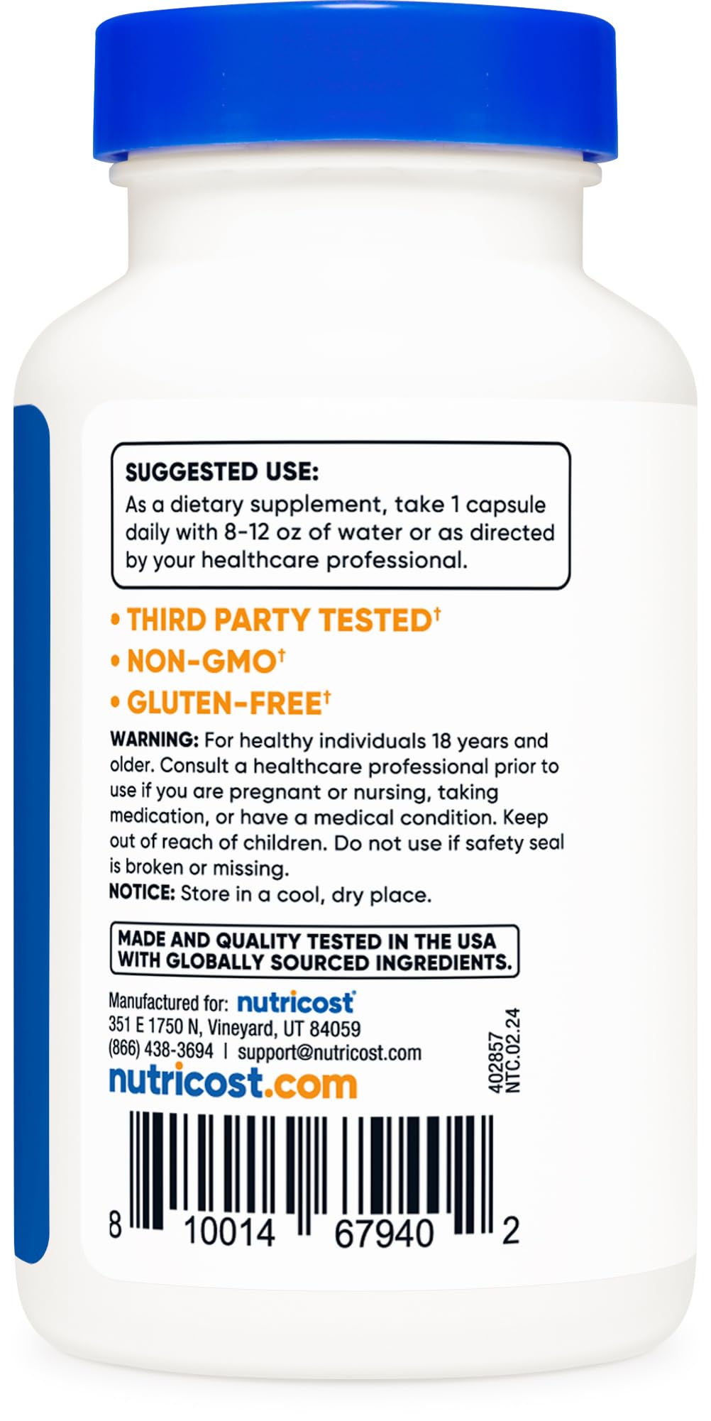 Nutricost Lactobacillus Acidophilus product image emphasizing gluten free option.