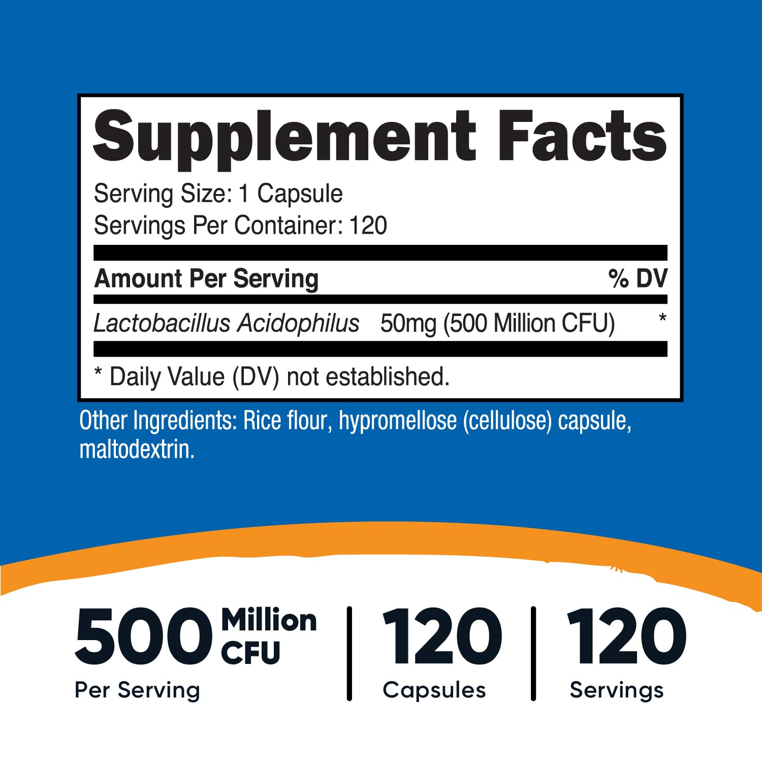 Close-up of Nutricost label showing 500 million CFU.