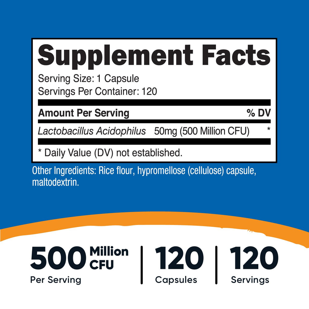 Close-up of Nutricost label showing 500 million CFU.