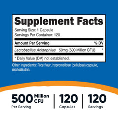 Close-up of Nutricost label showing 500 million CFU.