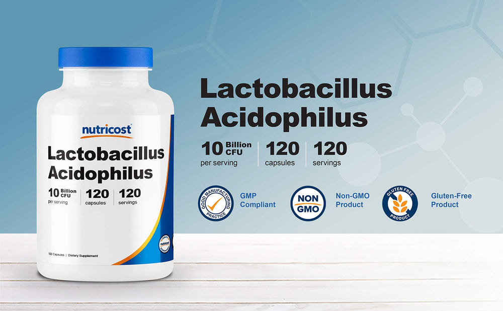 Nutricost Lactobacillus Acidophilus label highlights gluten free and non GMO.
