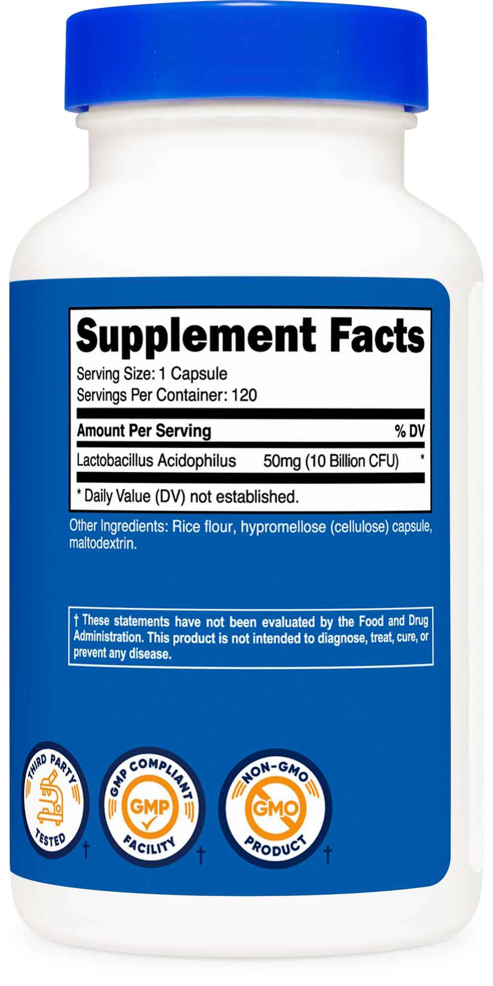 Nutricost Lactobacillus Acidophilus packaging shows non GMO claim.