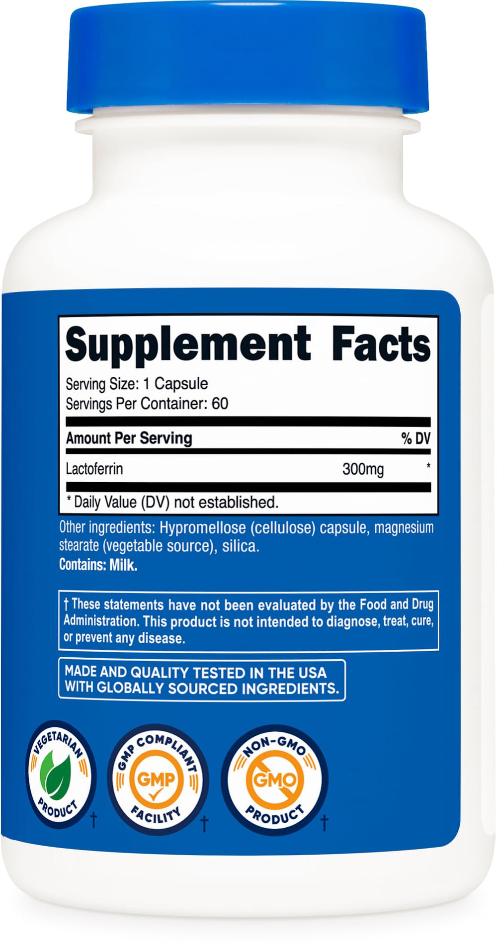 Nutricost Lactoferrin third-party testing seal signals quality assurance.