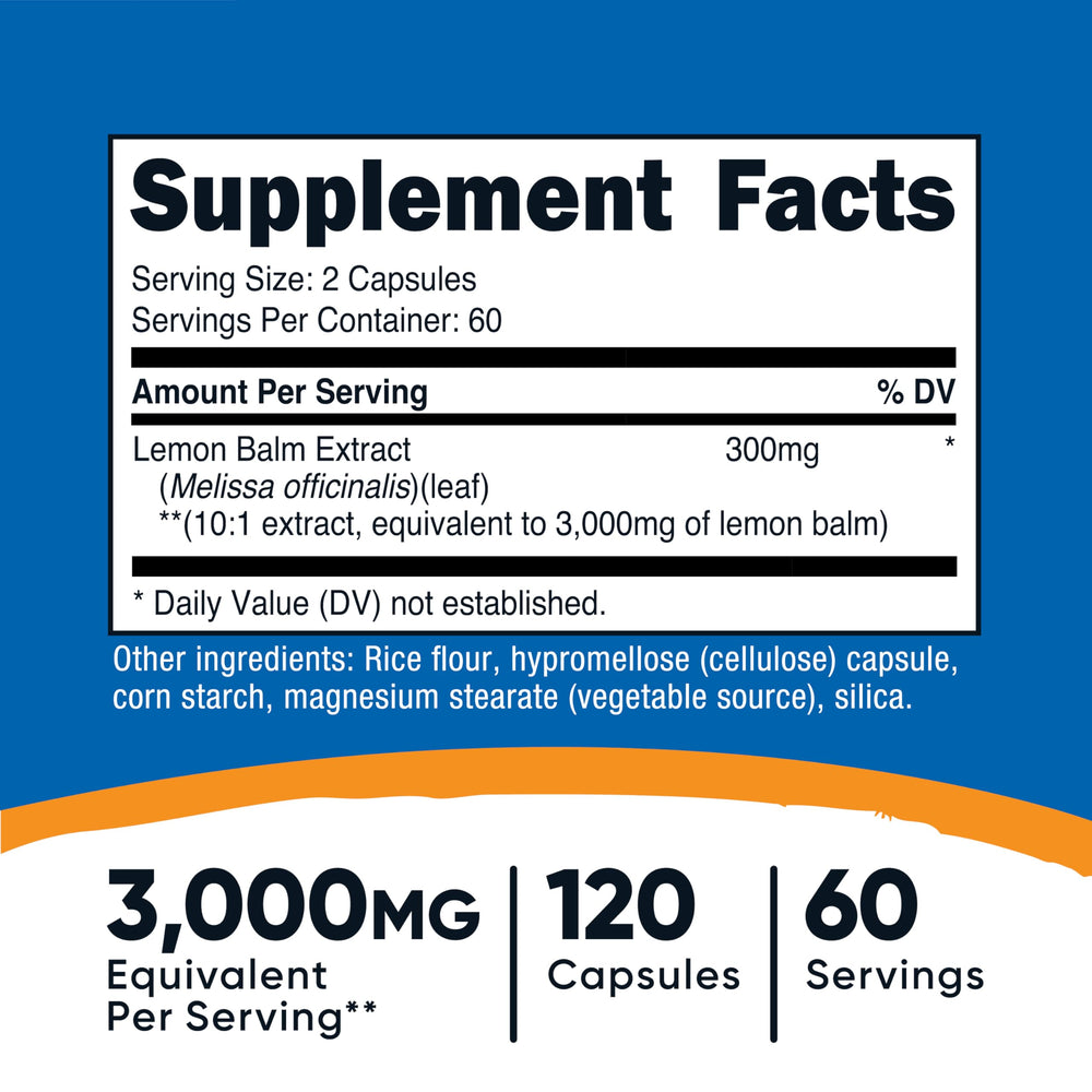 Nutricost Lemon Balm extract close-up highlights 300 mg potency per serving