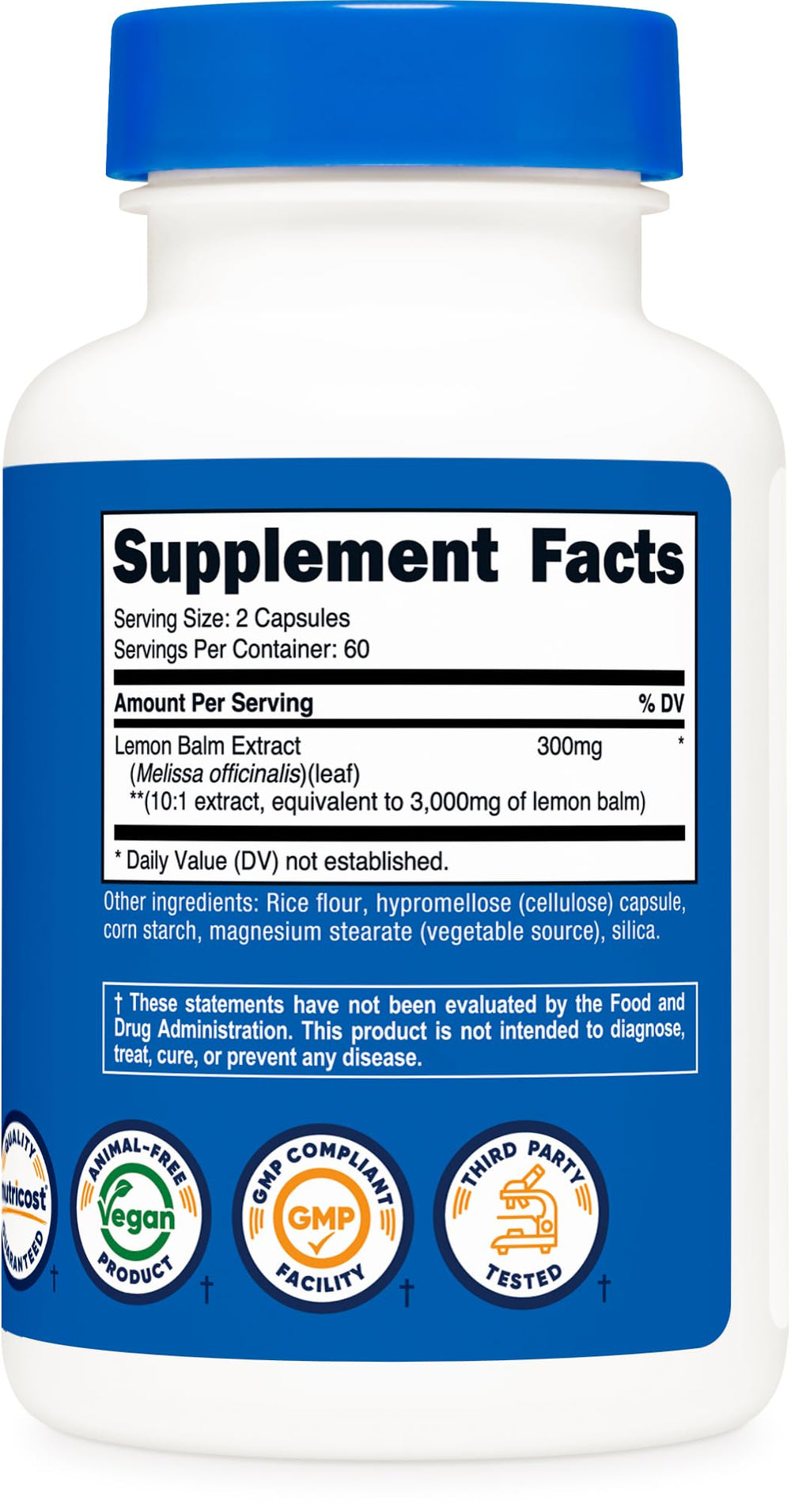 Nutricost Lemon Balm label close-up reveals ingredients and GMP quality