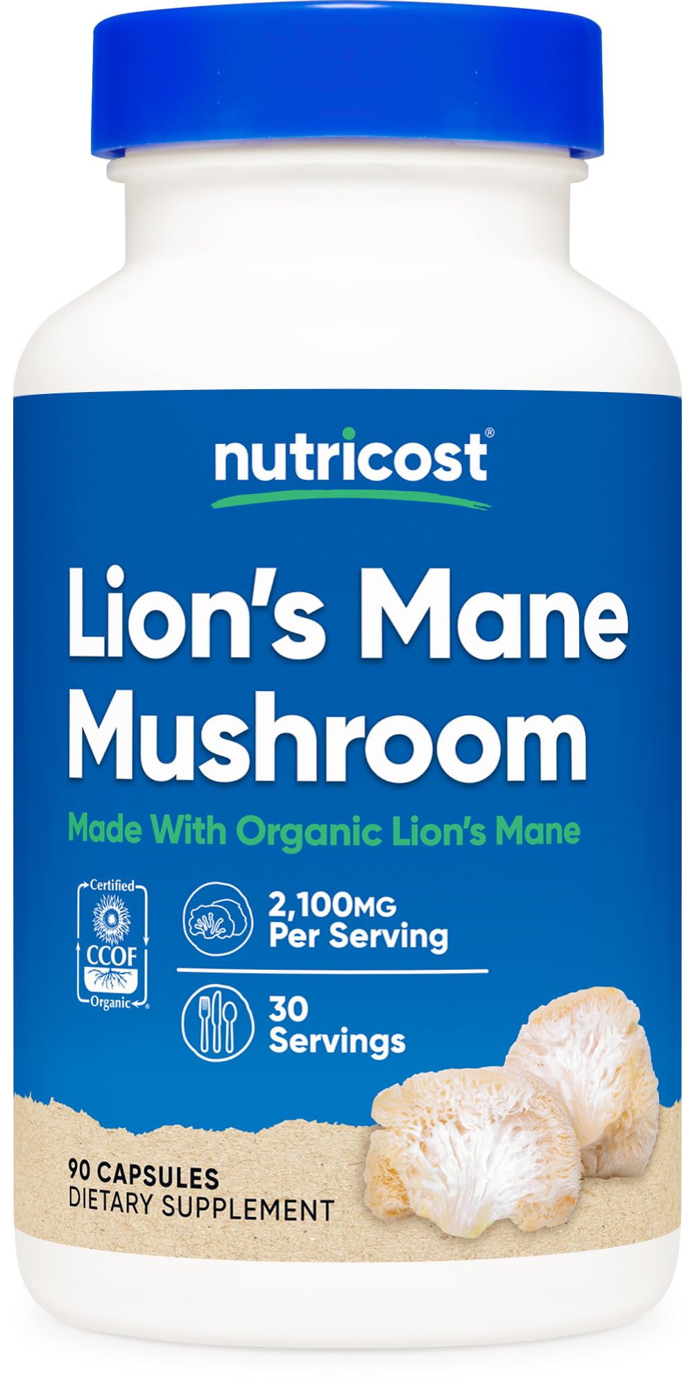 Nutricost Lion's Mane capsules bottle front showing organic certification and clean label