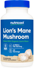 Nutricost Lion's Mane capsules bottle front showing organic certification and clean label