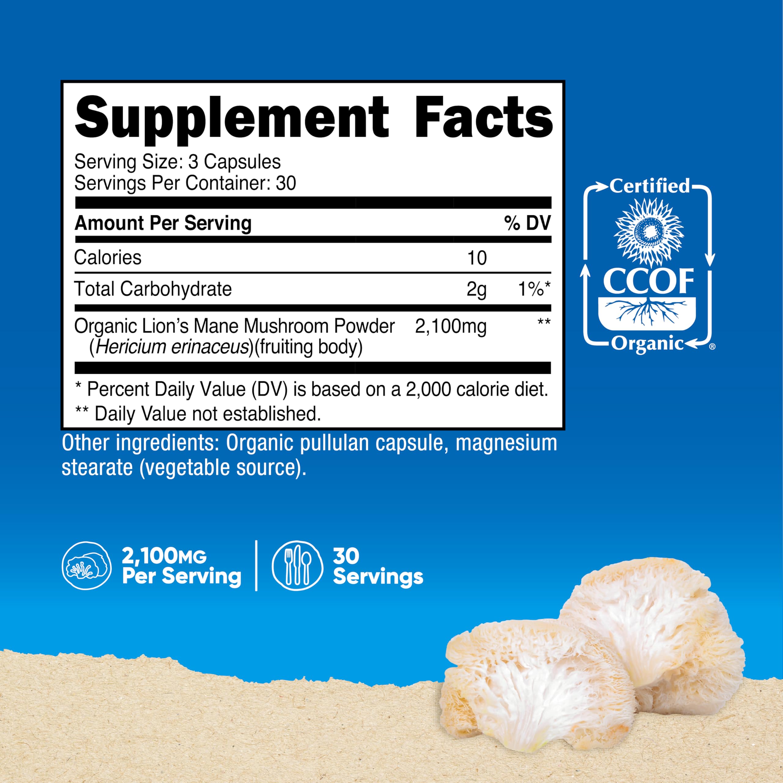 Nutricost Lion's Mane bottle label highlighting organic, gluten-free, vegan-friendly features