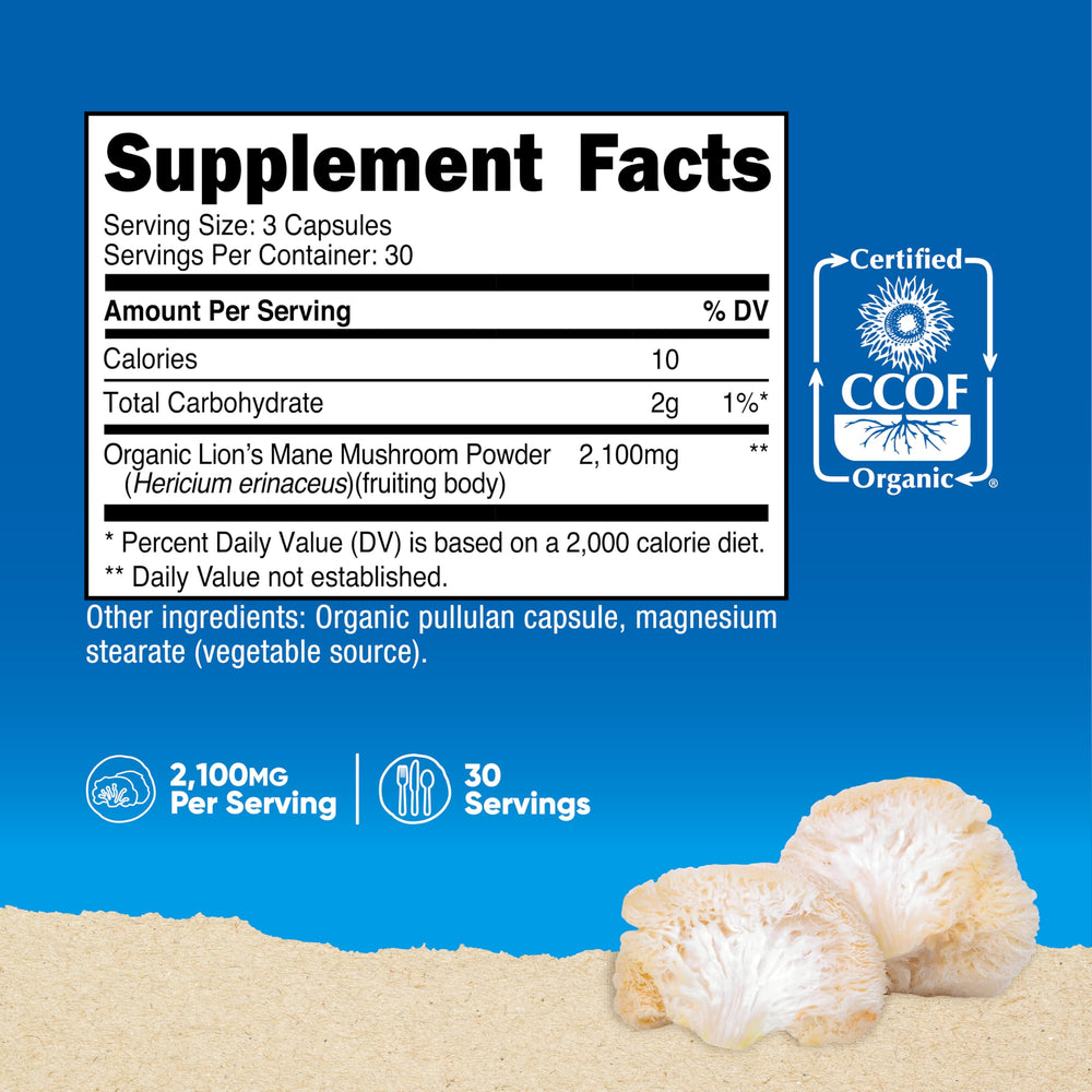 Nutricost Lion's Mane bottle label highlighting organic, gluten-free, vegan-friendly features