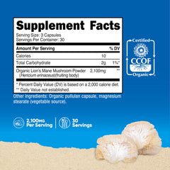 Nutricost Lion's Mane bottle label highlighting organic, gluten-free, vegan-friendly features