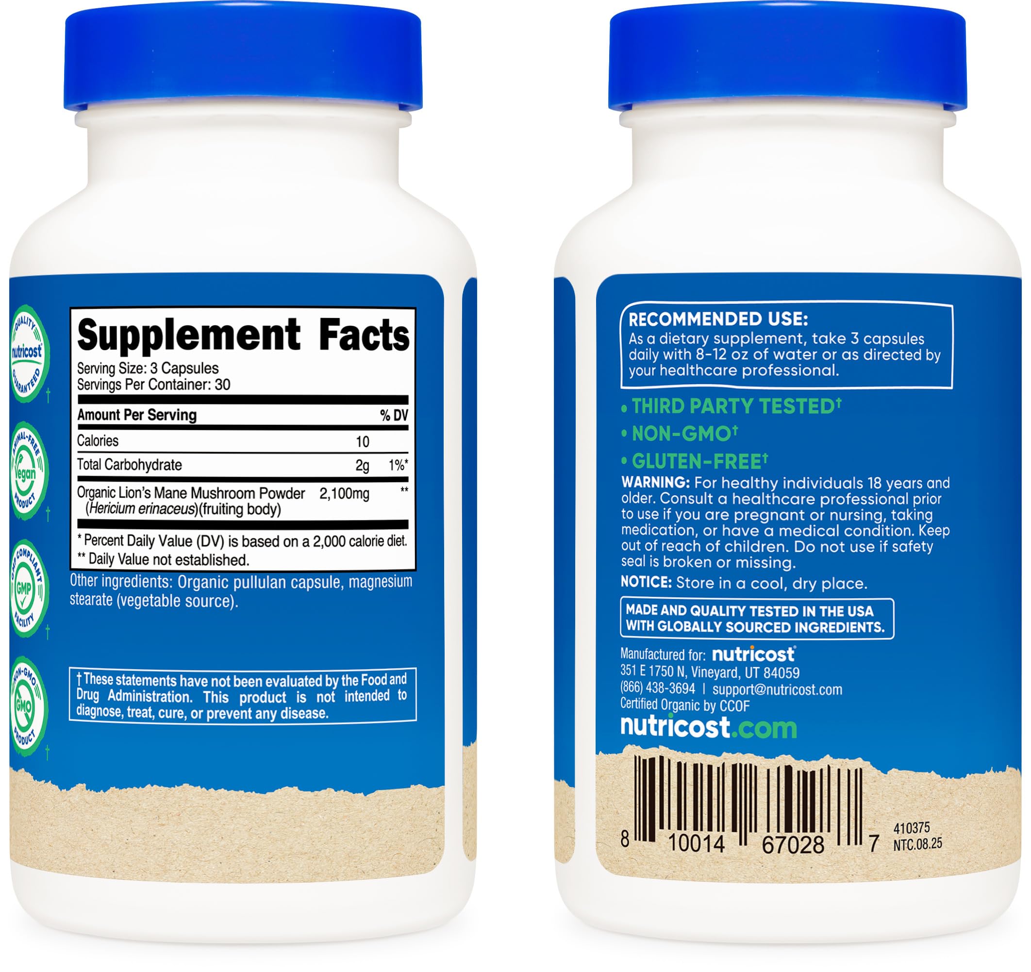 Organic certification seal on Nutricost Lion's Mane capsules packaging
