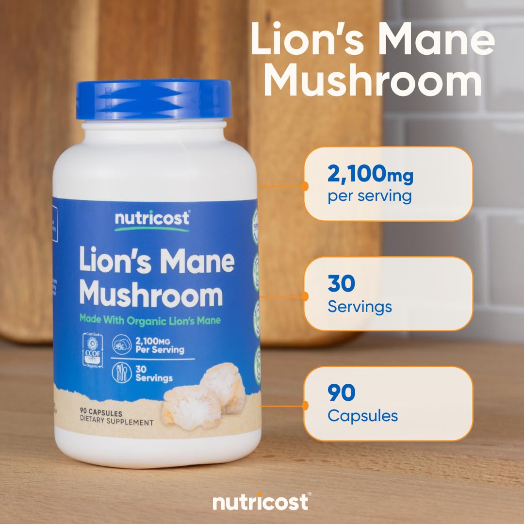 Vegan-friendly Nutricost Lion's Mane capsules packaging highlights dietary compatibility