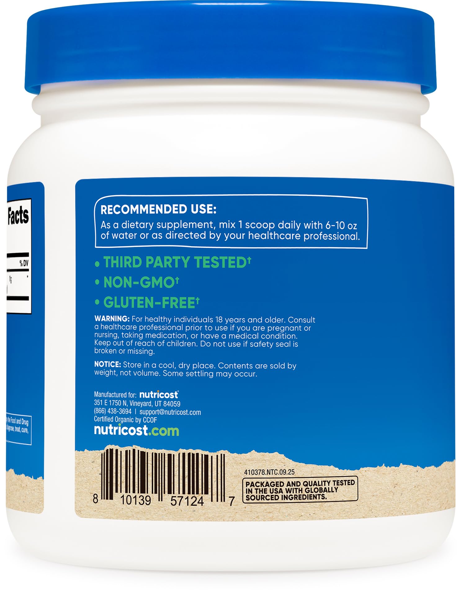 Nutricost Lion's Mane powder bottle side view with serving size and gluten-free claim.