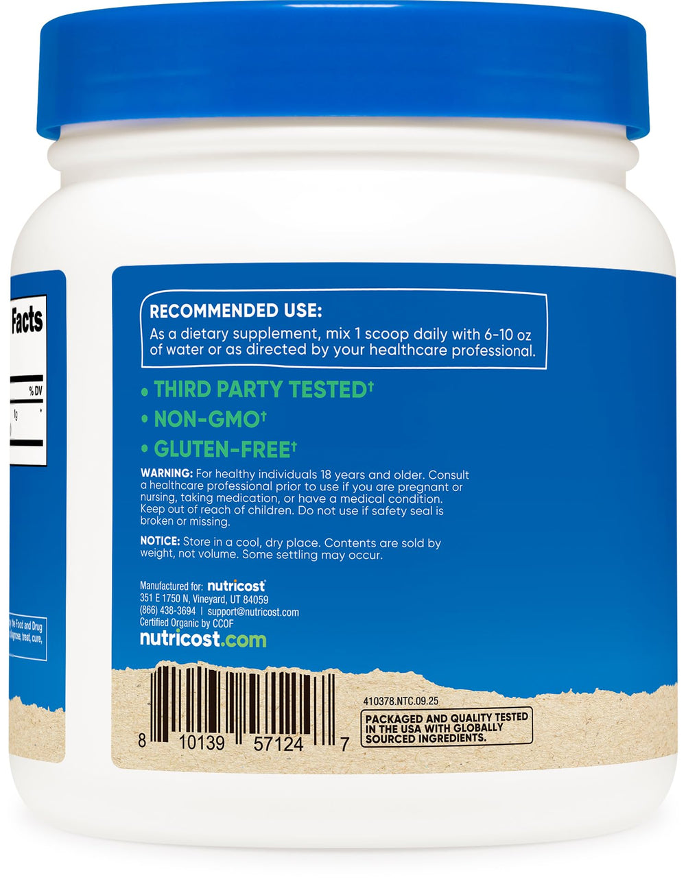 Nutricost Lion's Mane powder bottle side view with serving size and gluten-free claim.
