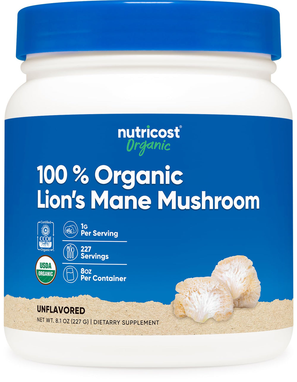 Nutricost Lion's Mane powder jar front showing organic formula for daily focus support.
