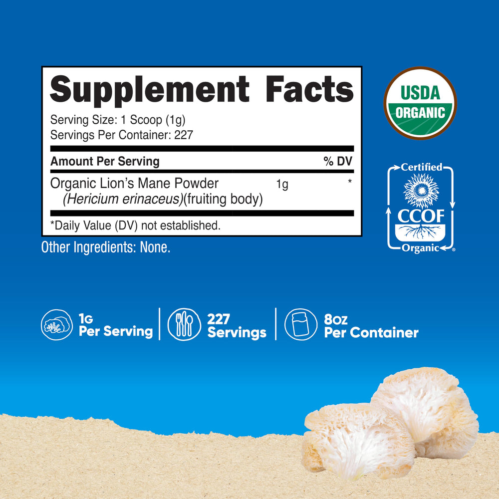 Nutricost Lion's Mane powder label closeup highlighting USDA Organic and allergen-free features.
