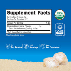 Nutricost Lion's Mane powder label closeup highlighting USDA Organic and allergen-free features.