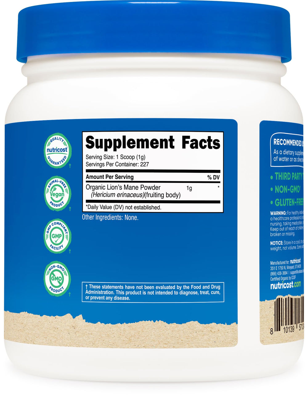 Nutricost Lion's Mane powder package shot on a kitchen counter highlighting 227 servings.