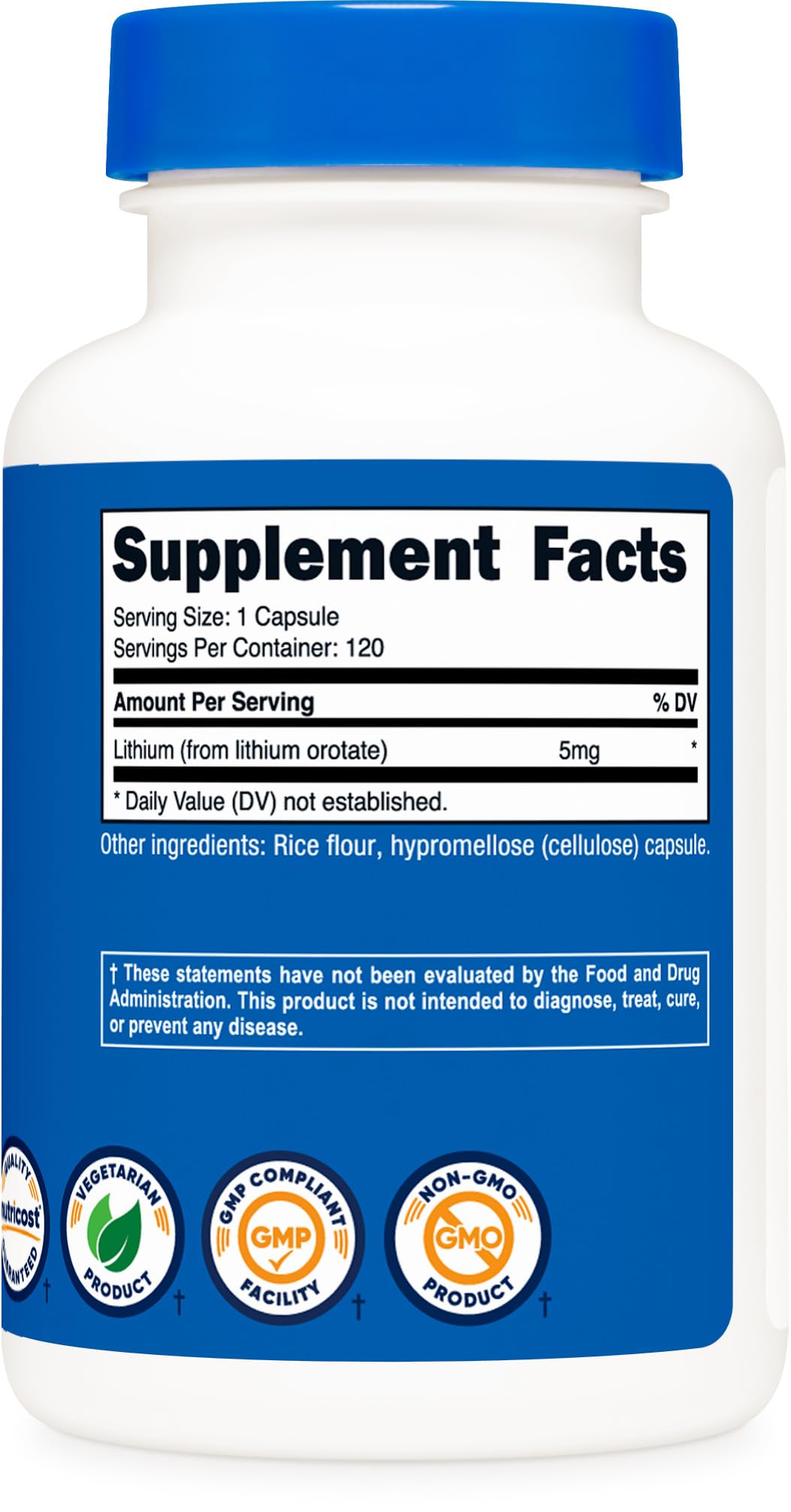 Nutricost Lithium Orotate 5mg pill close-up, capsule texture visible