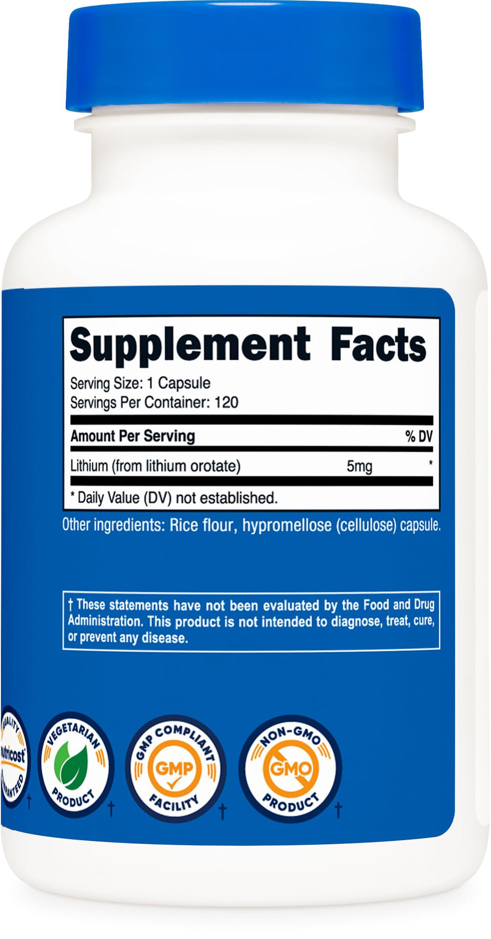 Close-up of Nutricost 5mg lithium orotate veggie capsule, easy-to-swallow design.