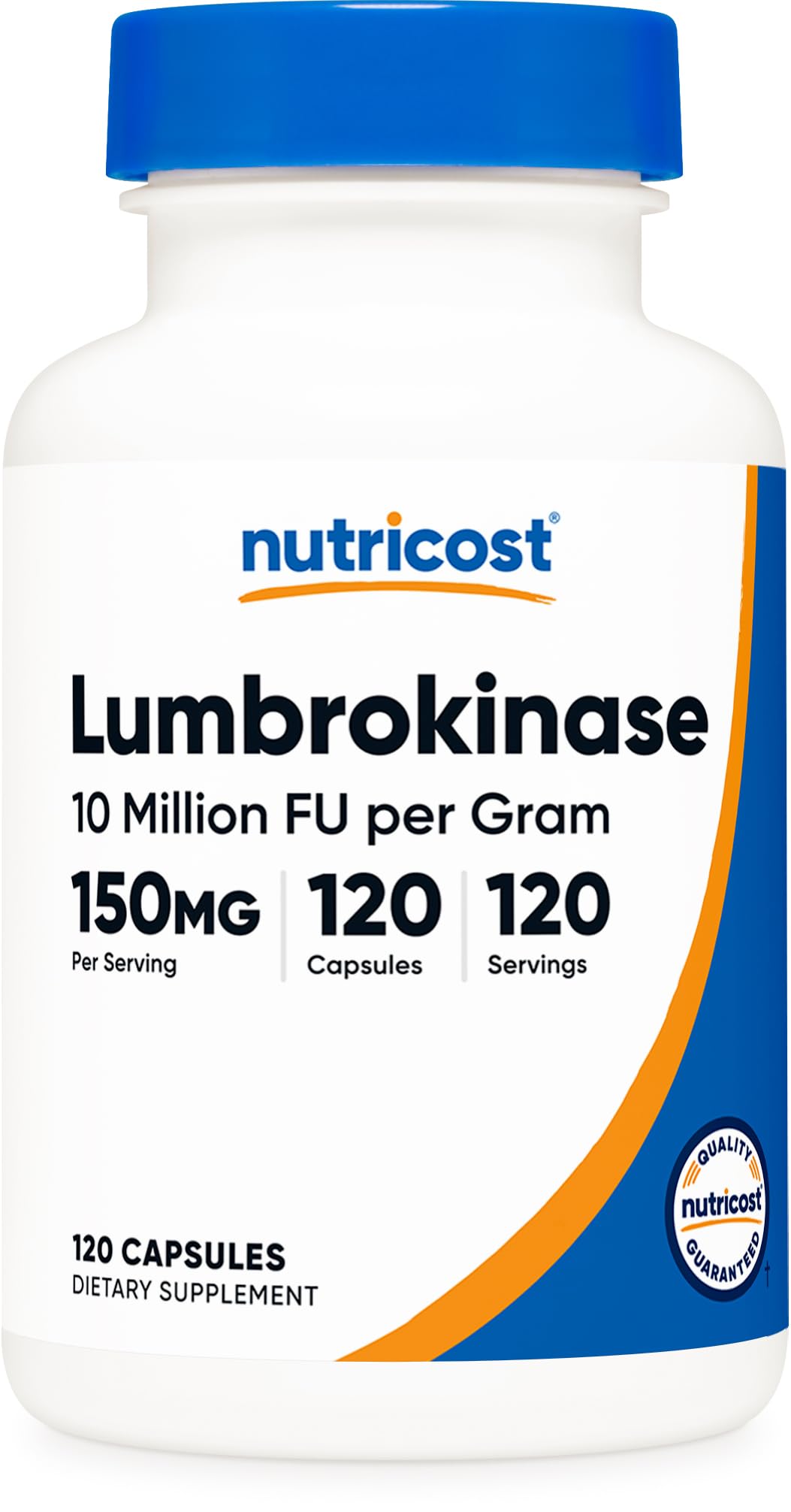 Nutricost Lumbrokinase capsules bottle showing 150 mg potency for daily use.