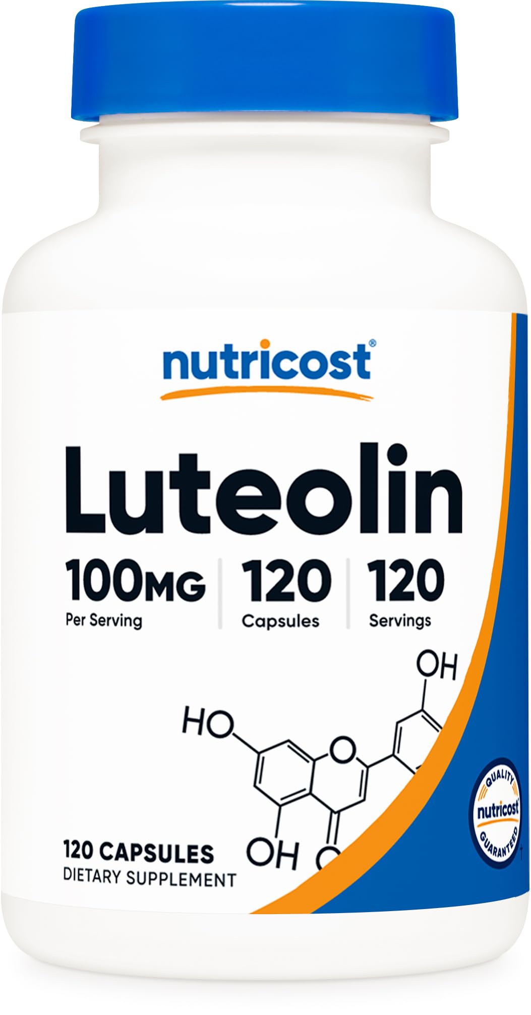 Nutricost Luteolin 100mg bottle with capsules for daily supplementation.