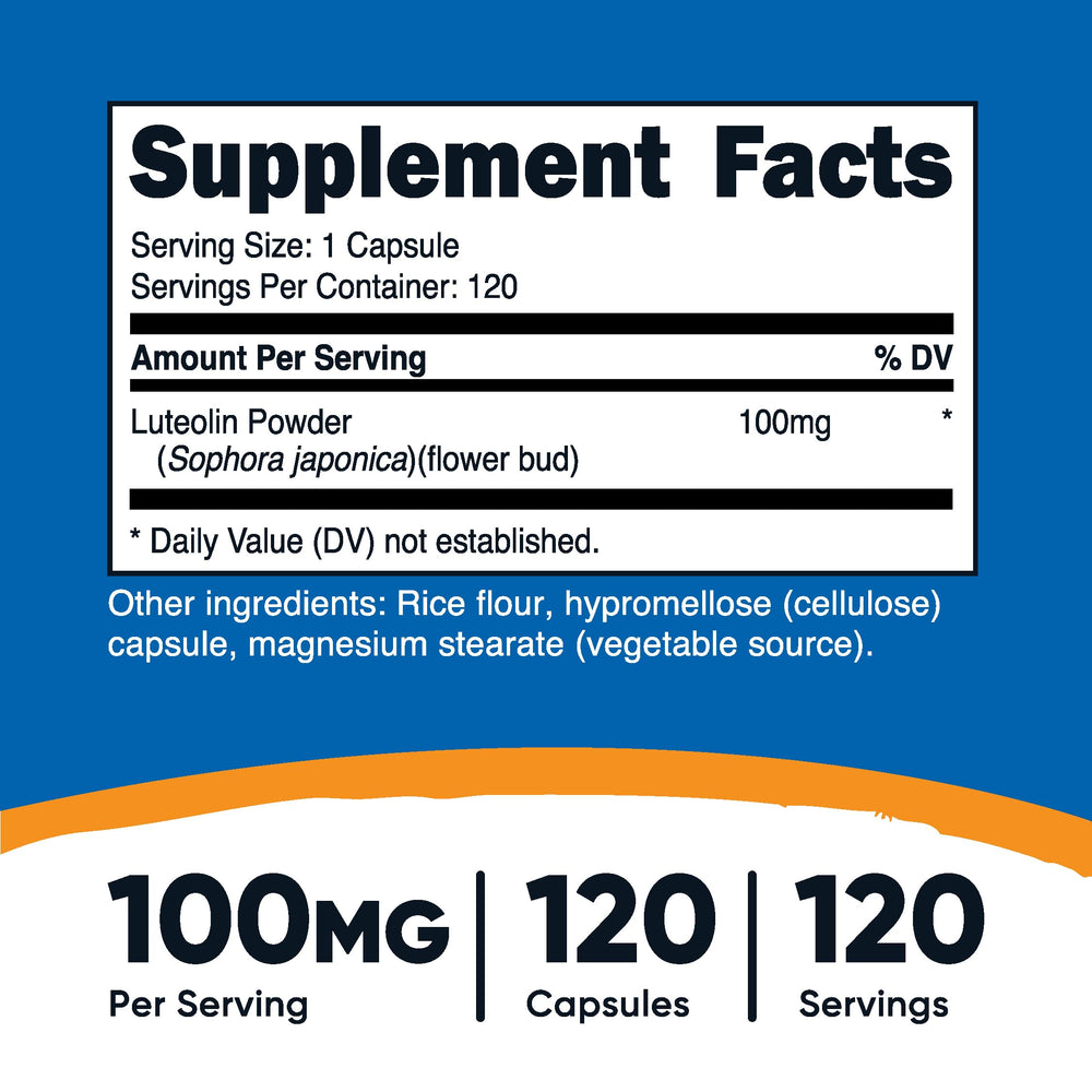 Nutricost Luteolin 100mg ingredients label showing clean formulation.
