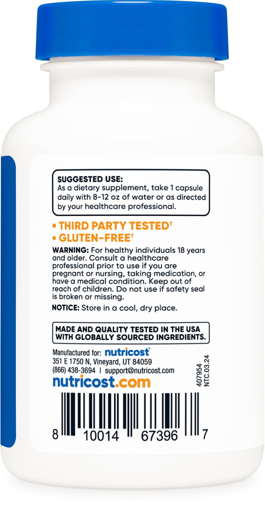 Nutricost bottle beside GMP and NSF certification icons for quality.
