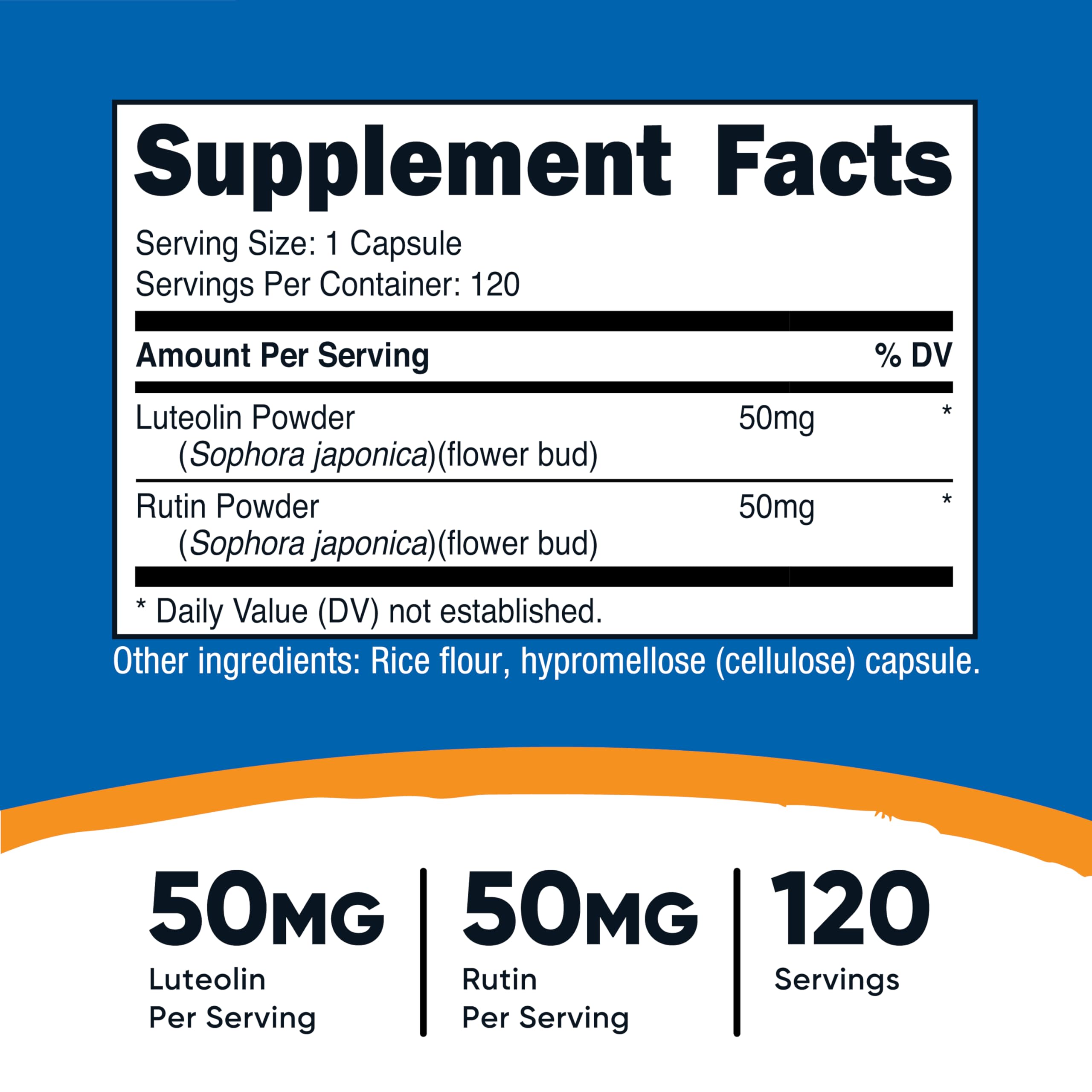 Nutricost Luteolin with Rutin Complex bottle back showing ingredients and certifications