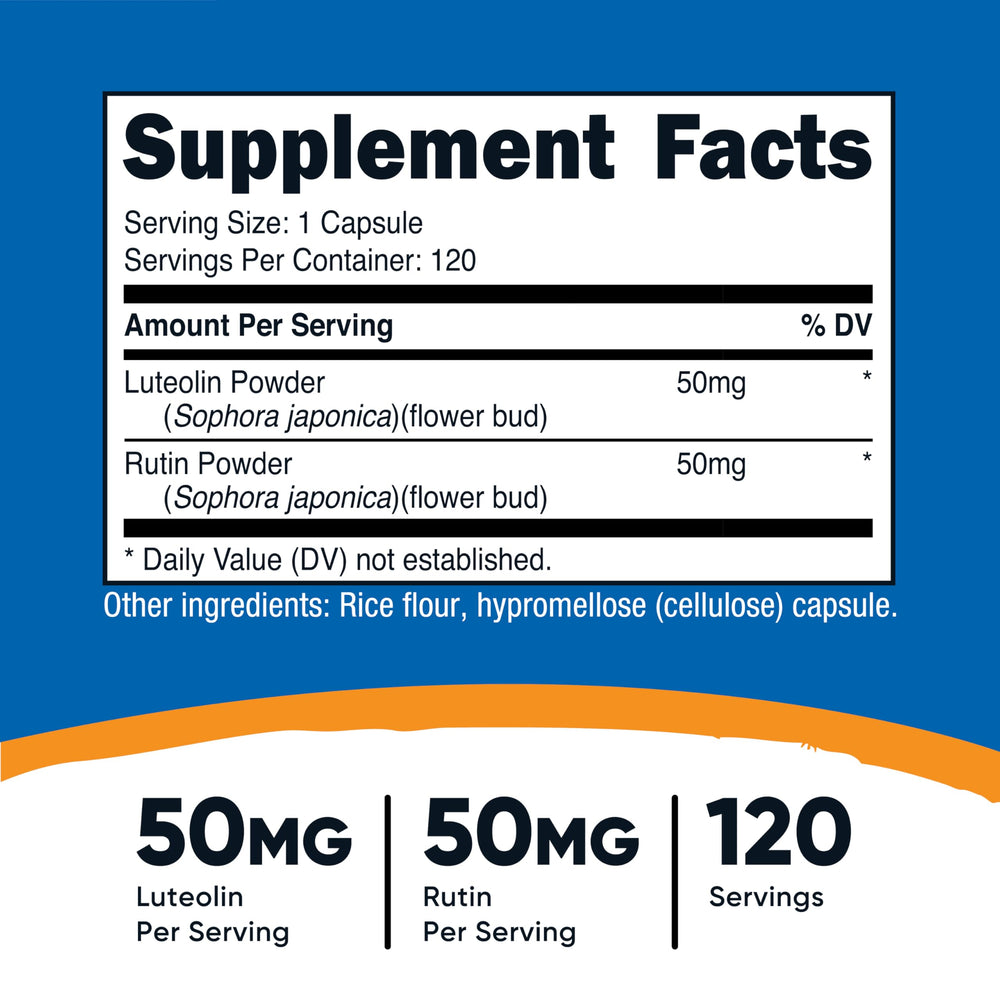 Nutricost Luteolin with Rutin Complex bottle back showing ingredients and certifications