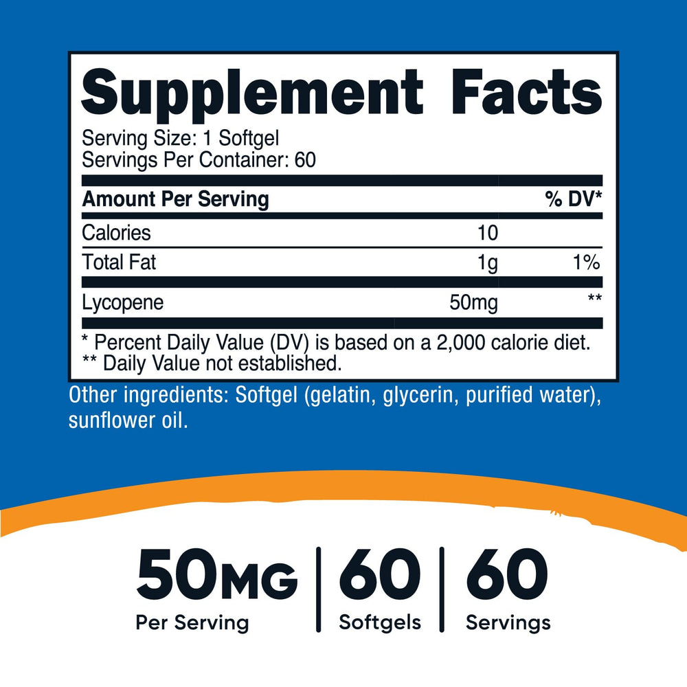 Nutricost Lycopene 50mg softgels close-up, easy daily intake.