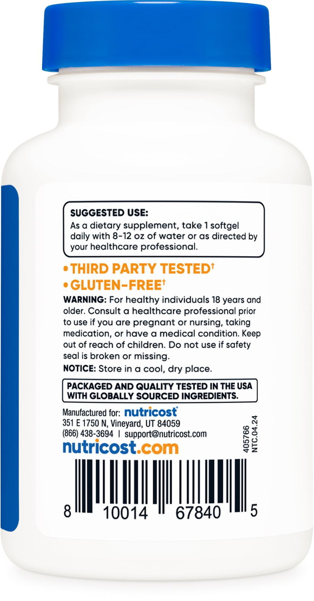 Nutricost Lycopene 50mg softgel label highlights quality standards.