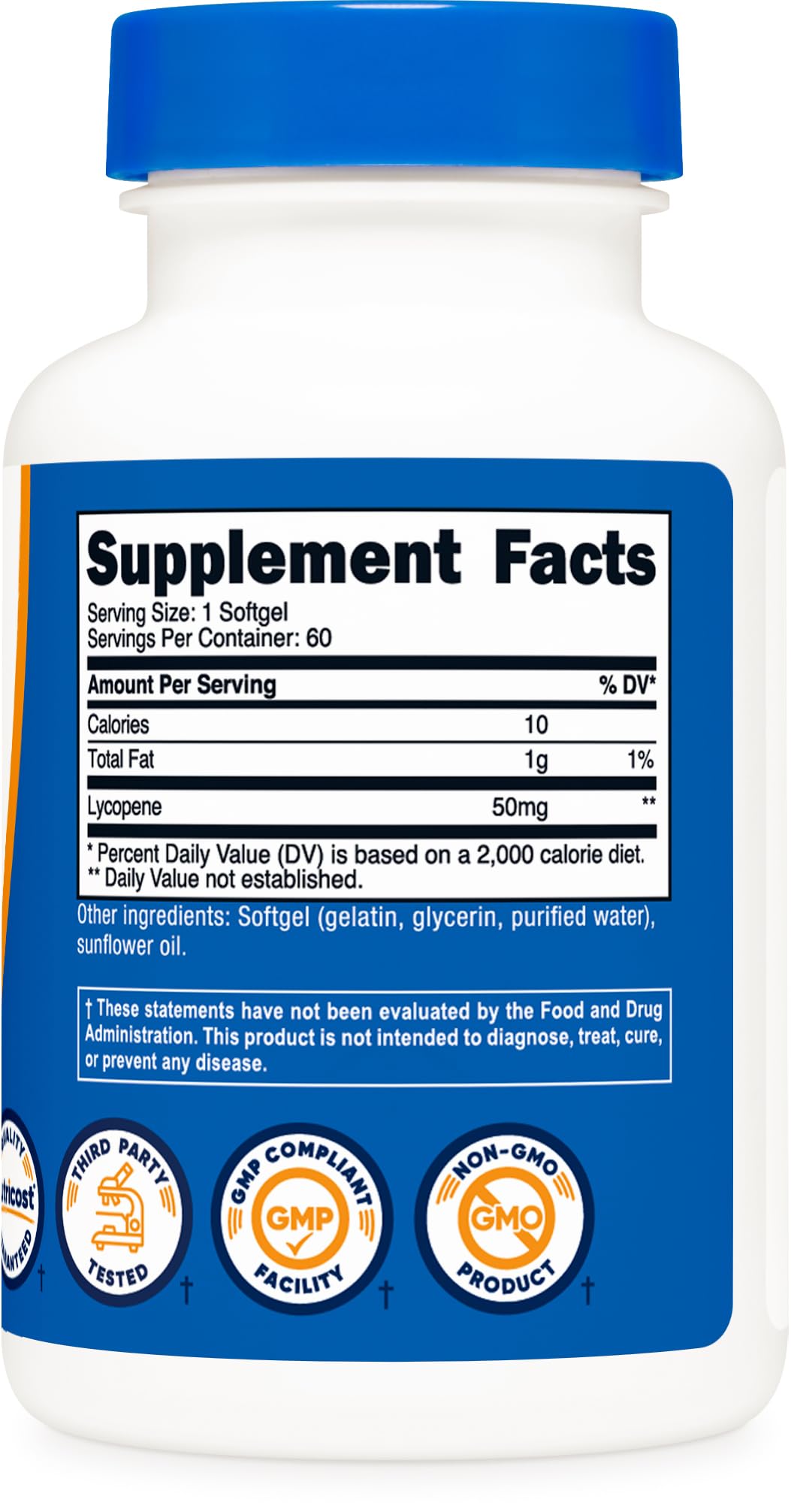 Nutricost Lycopene 50mg bottle with 60 softgels, long-lasting supply.