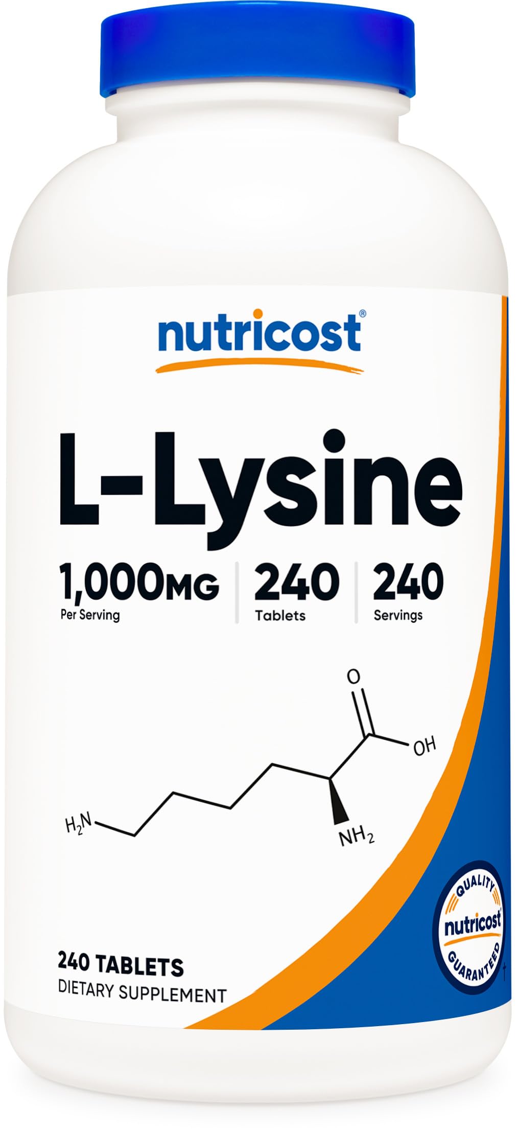 Nutricost L-Lysine 1000mg bottle shown with gluten-free, non-GMO formula.