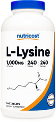 Nutricost L-Lysine 1000mg bottle shown with gluten-free, non-GMO formula.